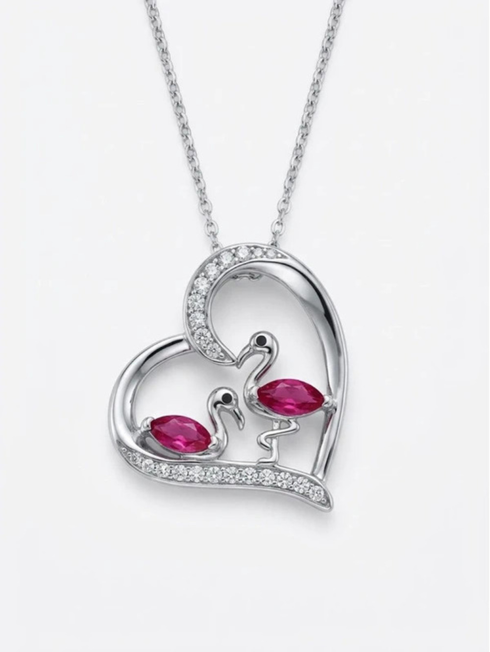 S925 Sterling Silver Pink CZ Flamingo Heart Pendant Necklace 18-20" 5g
